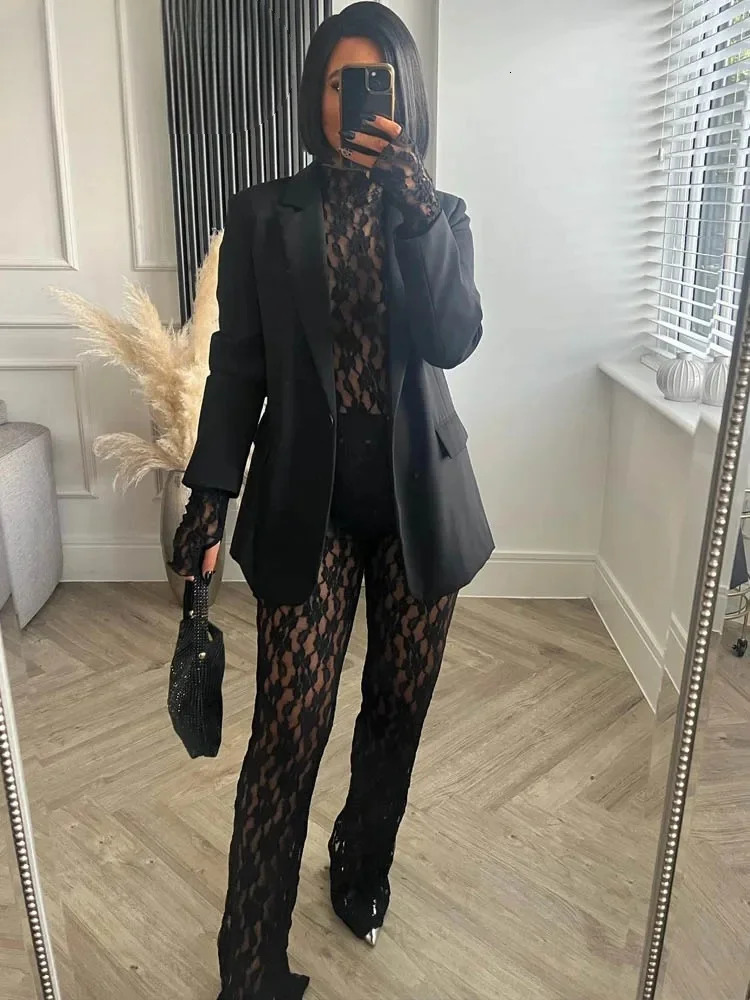 Women's Pants s TRAF Womens Slit Lace Leggings Black High Waist Elastic Sexy Semi sheer Horn Leggings Lace Bodysuits 2023 Autumn Set 231118
