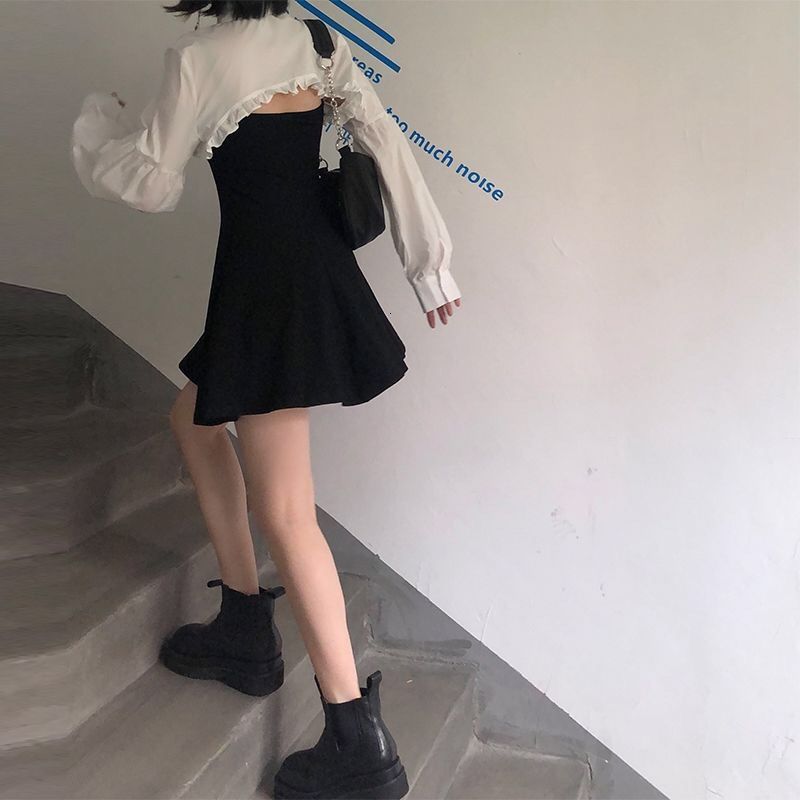 Two Piece Dres Clothing Sets Lantern Sleeve Short Loose White Shirts Korean Fashion Sexy Black Women's Dress Suit High Street 230418