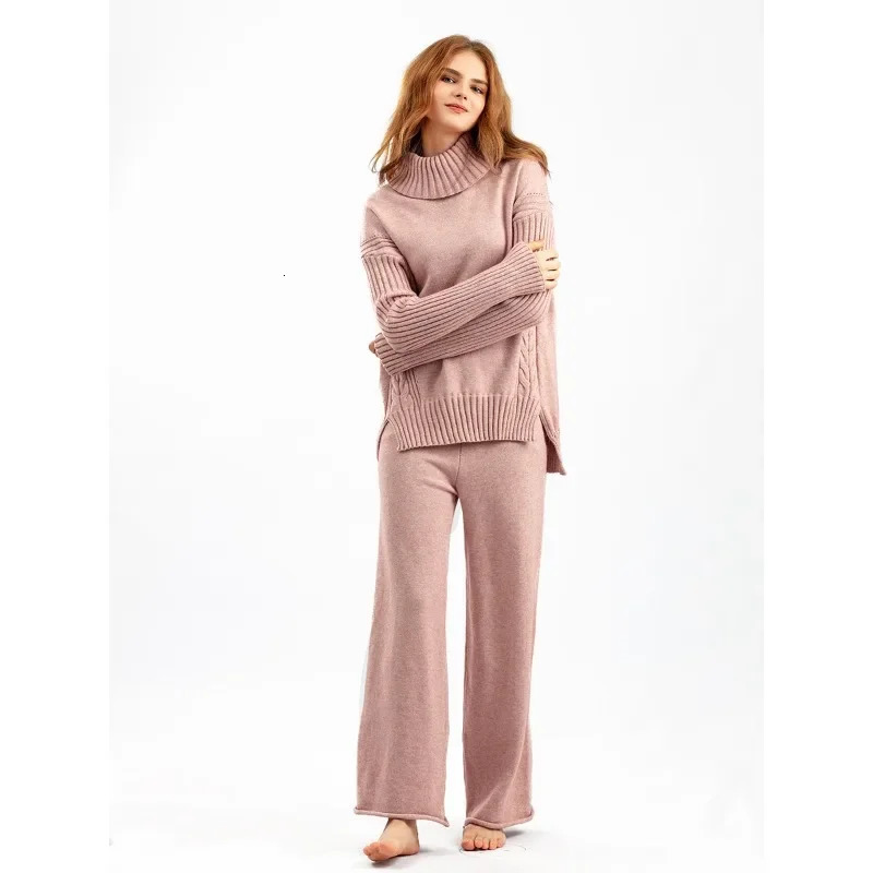 Womens Two Piece Pants Sweater set womens track suit autumn and winter knit 2piece warm turtle neck sweater pulled wide leg pants 231118wtt