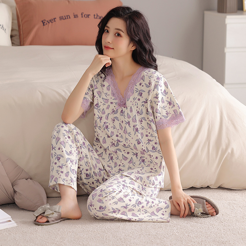 Women's Sleepwear Summer small floral pyjamas women big yards female modal cotton pajamas set short sleeve long pants casual tracksuit pijamas 4X