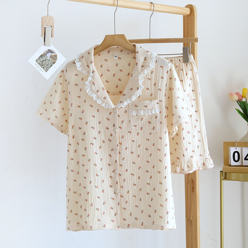 Women's Sleepwear Japanese style summer cotton short-sleeved shorts pajamas suit women double gauze cute strawberry thin home service women 23041