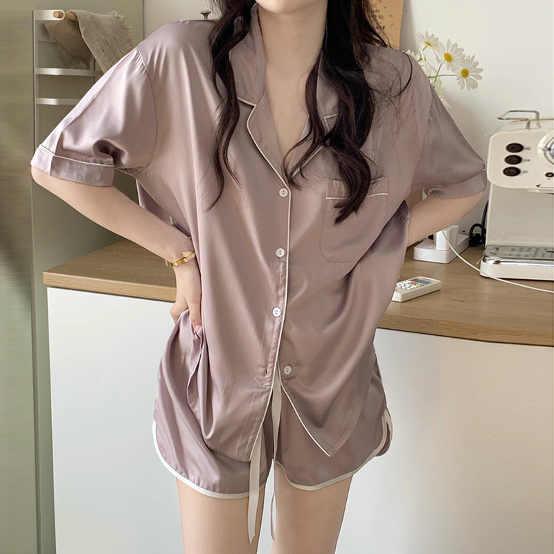 Women's Sleepwear Summer Ladies Sweet Satin Silk Solid Color Pajamas Set Short SleevePants Women Ice Silk Cute Homewear Casual Wear 230418