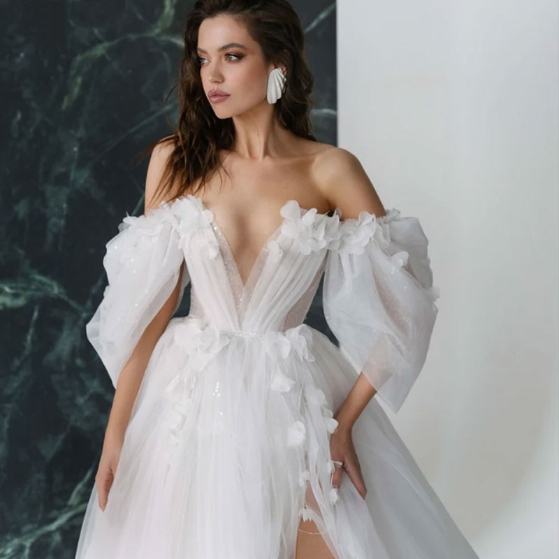 A-Line Organza Wedding Dress 2023 Lantern Sleeves Boat Neck Silt 3D Flower Bride Party Gown Vestidos De Noiva Boho Custom Made