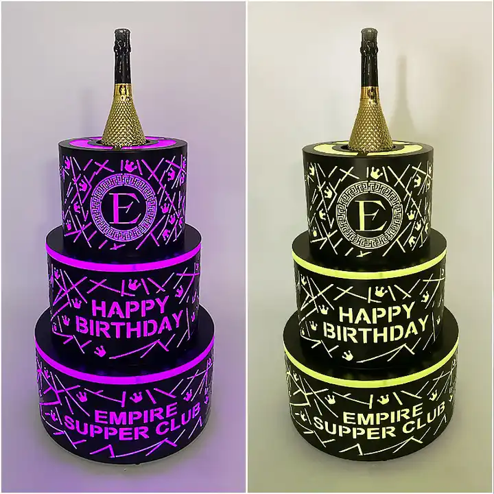 Party Nightclub rechargeable Happy birthday luminous 3 layers LED cake bottle presenter OEM custom LOGO Champagne Glorifier Neon Sign