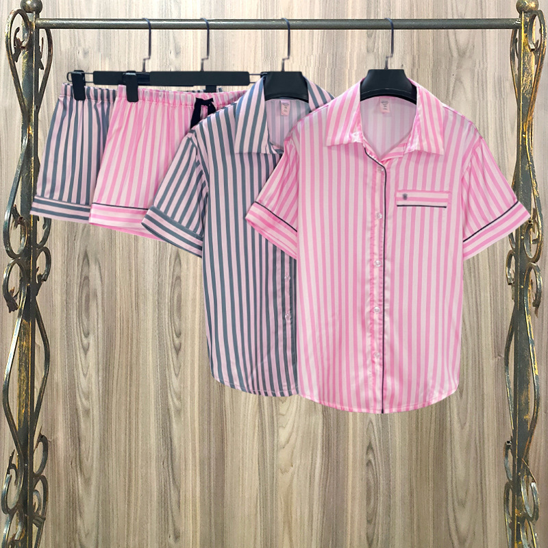 Summer Pajamas for Women Satin Silk Stripes Sleepwear Pyjamas Short Pink Loungewear Pjamas Ladies Home Suit Homewear Woman 220708