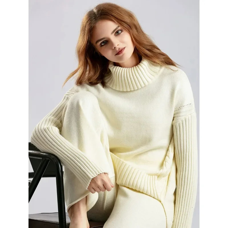 Womens Two Piece Pants Sweater set womens track suit autumn and winter knit 2piece warm turtle neck sweater pulled wide leg pants 231118wtt