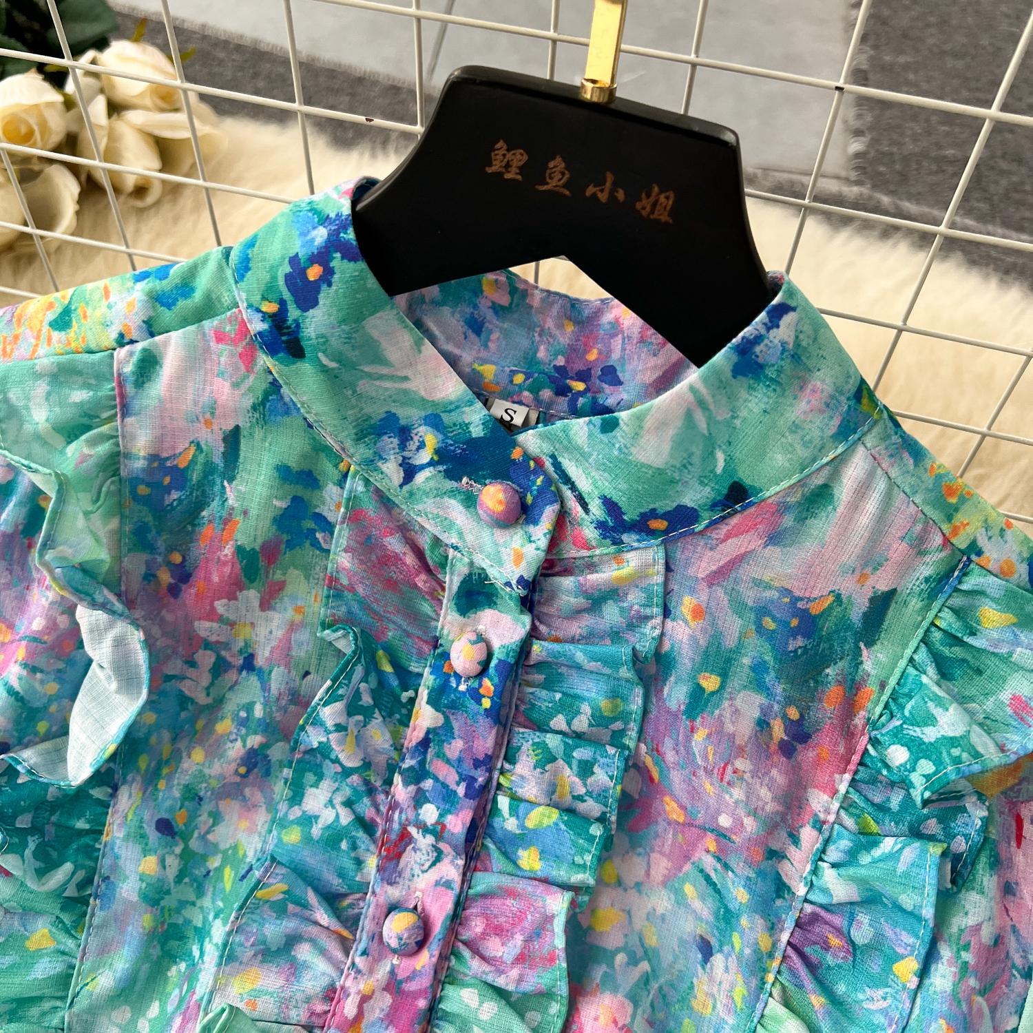 Casual Dresses New Fashion Holiday Flower Maxi Dress Women's Stand Collar Lantern Sleeve Floral Printed Belt Ruffles Boho Robe Vestidos 2024