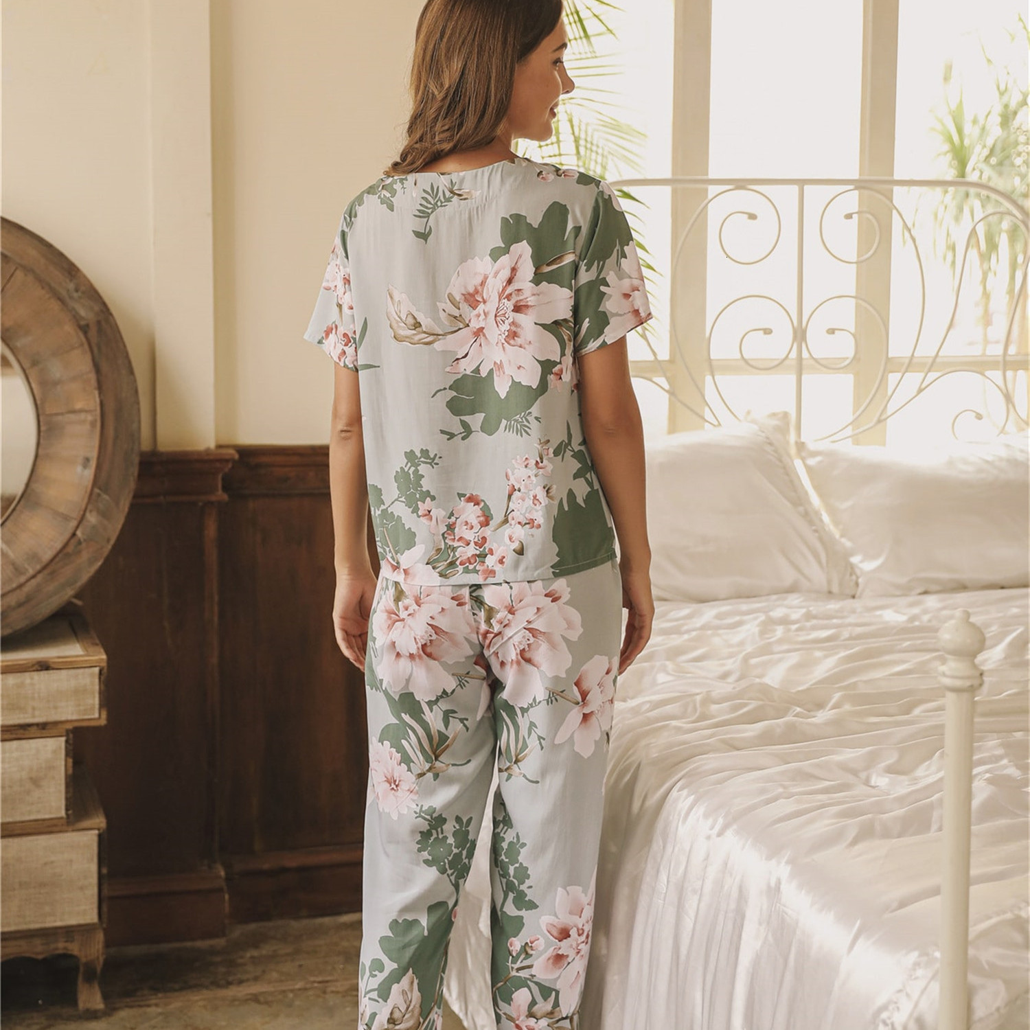 Women's Sleepwear Summer V-neck Pullover Sleep Tops Pink and Ink Cotton Women's Trouser Pajamas Comfortable Thin Floral Print Home Pajama Se