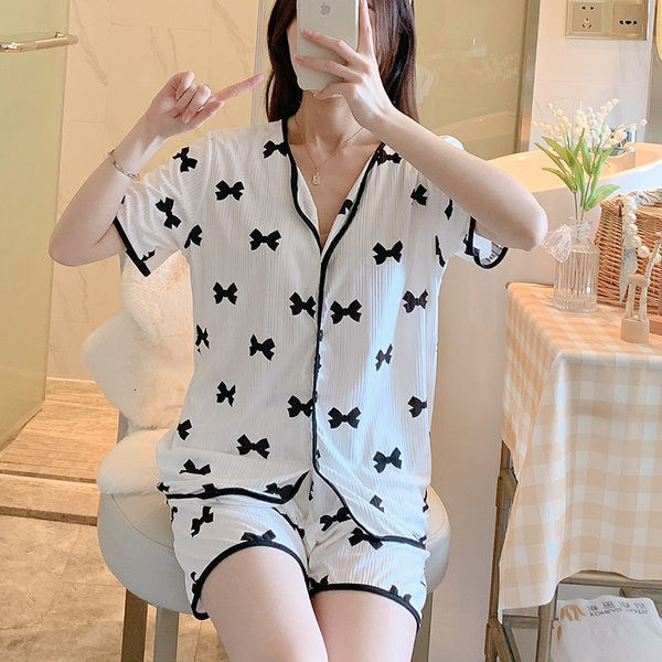Women's Sleepwear Cartoon Pajamas Set Women Long Pants Short Sleeved Summer Spring Loungewear Female 3 PCS Home Clothing Sweet Girls Sleepwear 23