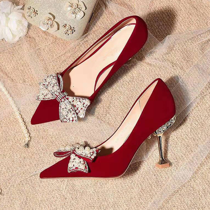 Dress Shoes Rimocy Sweet Bow Pearl Pumps Women Spring Wine Red Metal High Heels Wedding Shoes Woman Sexy Pointed Toe Pumps Ladies 230418