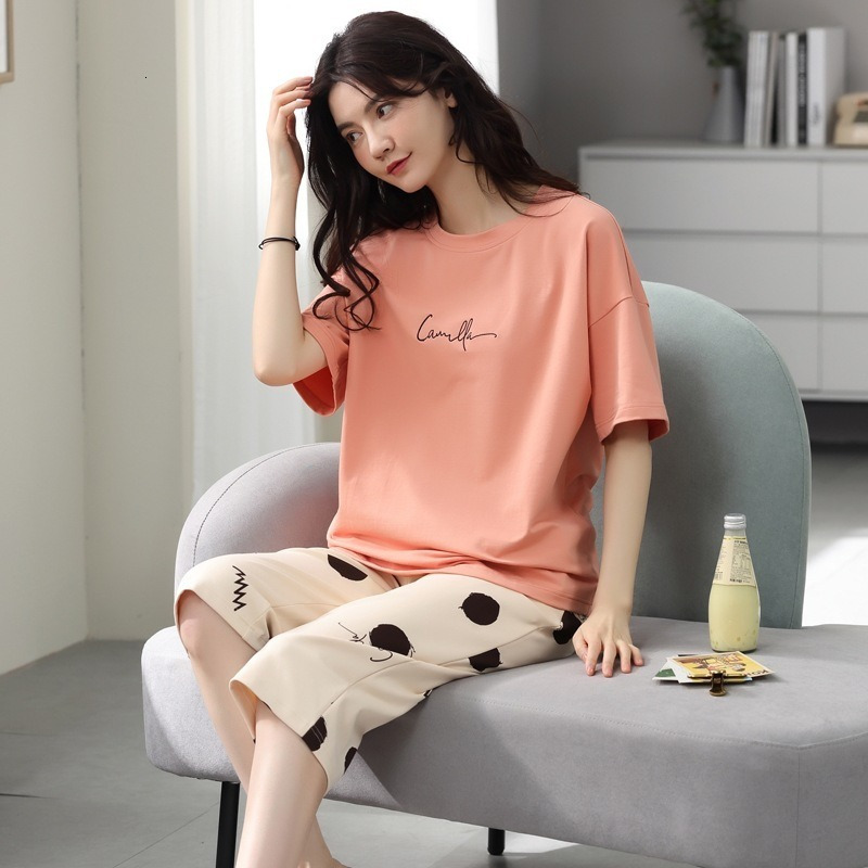 Women's Sleepwear Large Size Pajamas Ladies Summer Short Sleeve Thin Cartoon Round Neck Cotton Homewear Suit 230418