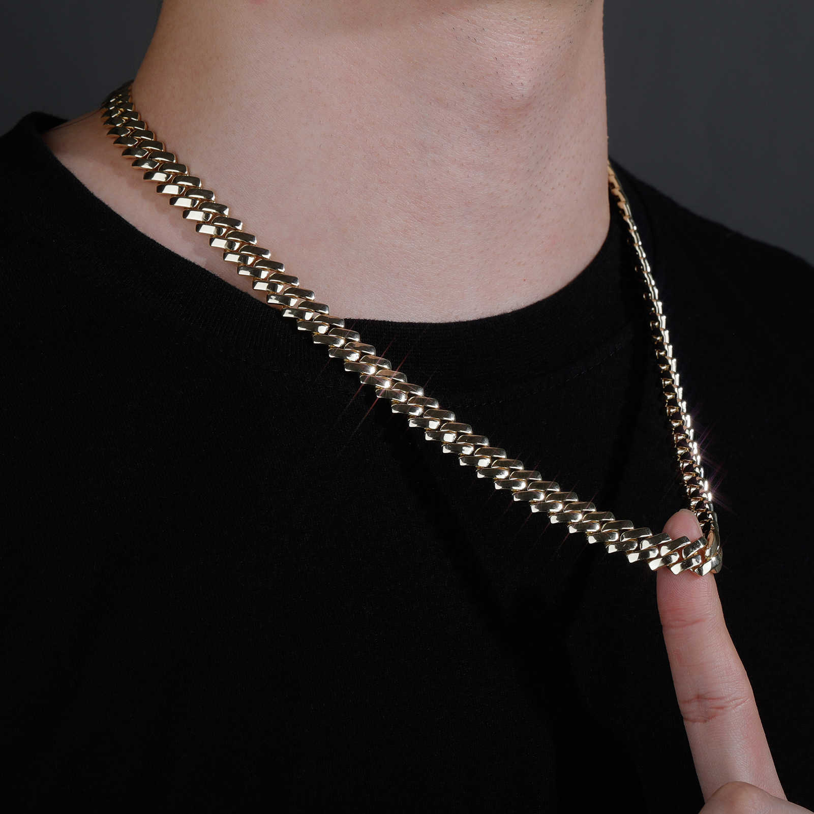 Wolf Tide 10/12mm Cuban Link Chain Necklace Real Gold Plated Smooth Surface Miami Curb Chains for Men Hip Hop Personalized Fashion Rapper Jewelry Bijo