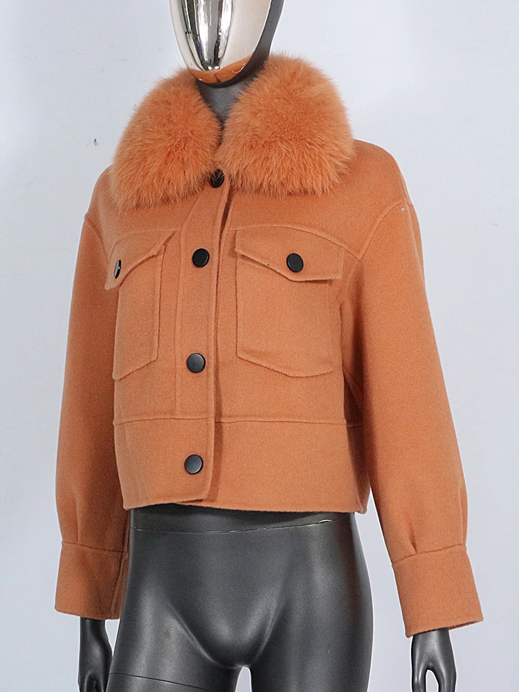 Women's Wool Blends CXFS Wool Blends Winter Jacket Women Real Fur Coat Natural Fox Fur Collar Pocket Short Outerwear Streetwear Fashion 231117