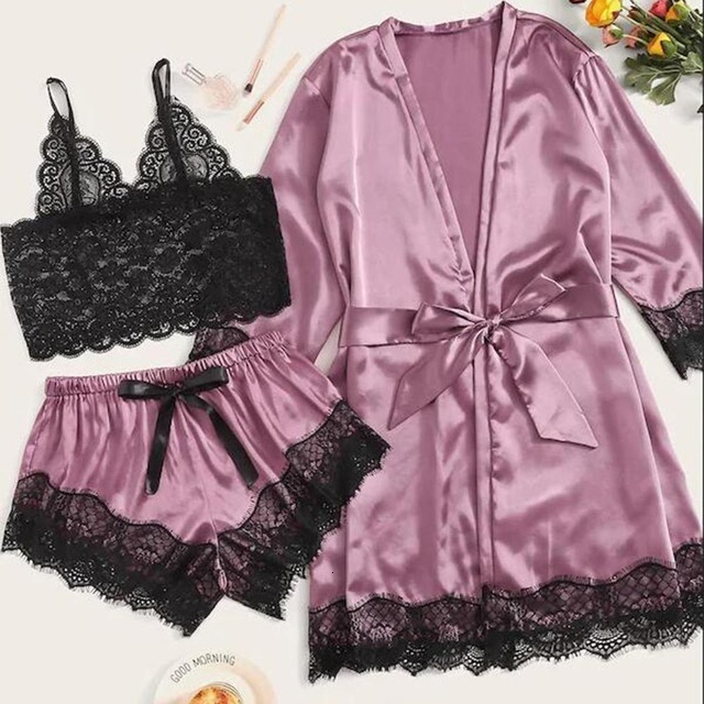 Women's Sleepwear 3PC Women Sexy Lingerie Sleepwear Lace Satin Sleepwear Lingerie Camisole Nighty Robe Pajamas Set Sleep Wear Homewear Nightgown 