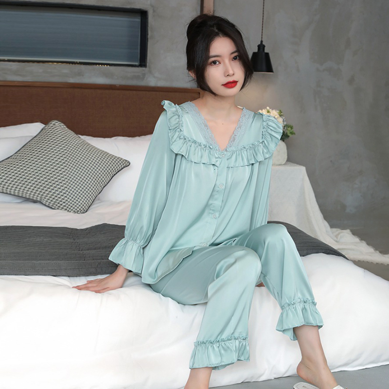 Women's Sleepwear Summer Women Satin Pajamas for Long-sleeved Sleepwear for Korean Sexy Lace Loose Oversized Home Clothes Suit 230418