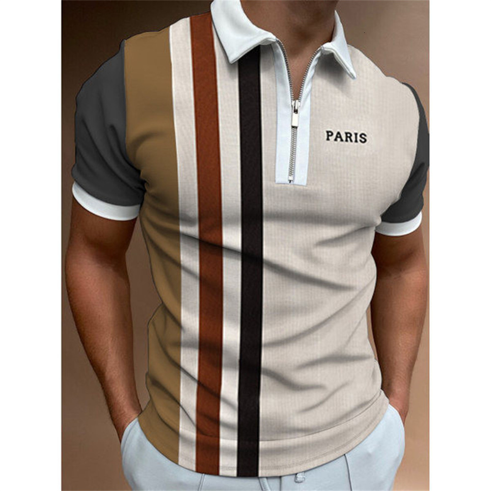 Men's Polos Polo Shirt for Men Summer Men's Tops Daily Short Sleeve Striped Golf Plain Clothing Men Shirts Turn-down Collar Zippers Tee 2304