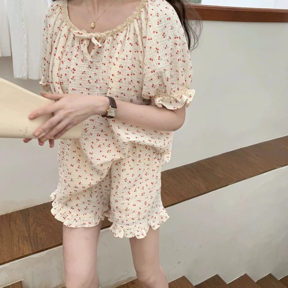 Women's Sleepwear Floral Print Summer Pajamas Set Women Shirts Tops Shorts Set Two Piece Ruffles Sweet Home Suit Home Clothes Korean 230418