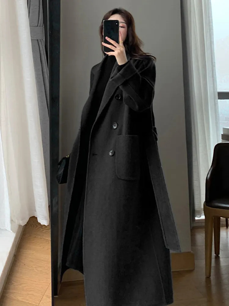 Women's Wool Blends Jmprs Winter Woolen Long Coat Casual Women Double Breasted Faux Wool Jacket Fall Fashion Korean Ladies Black Clothes 231117