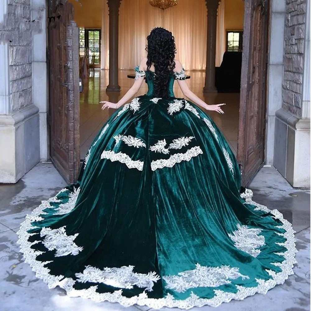 Green Veet Princess Quinceanera Dresses Appliques Ball Birthday Gown Off The Shoulder Lace-Up Sweet 16 Dress Robe 322