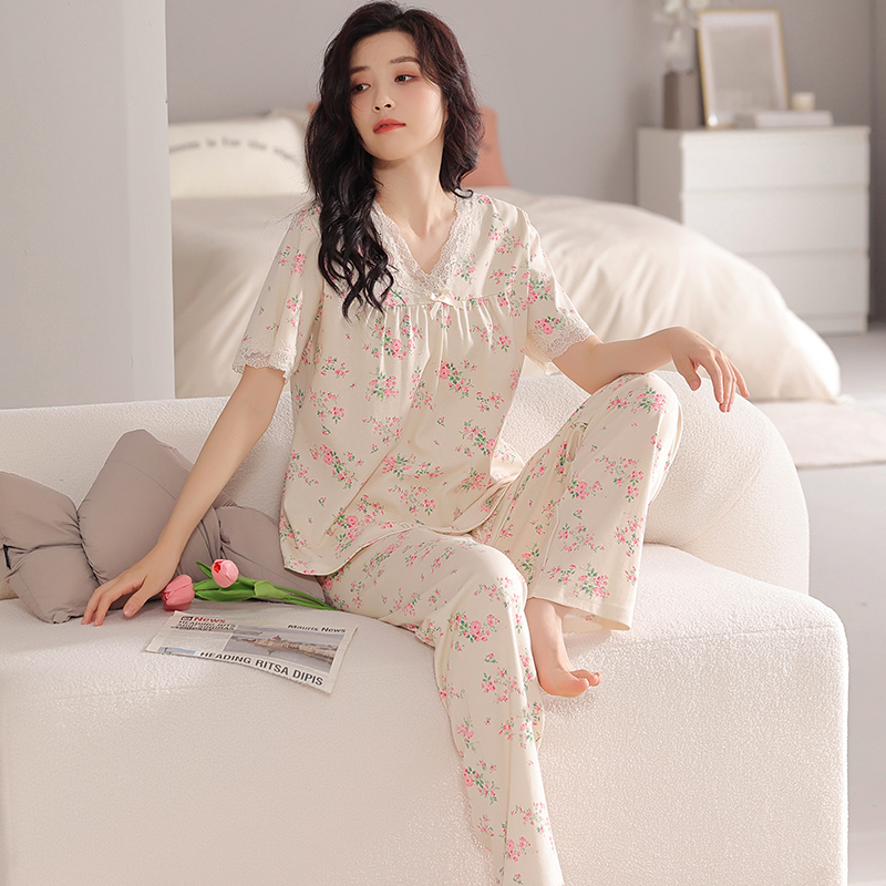 Women's Sleepwear Summer small floral pyjamas women big yards female modal cotton pajamas set short sleeve long pants casual tracksuit pijamas 4X