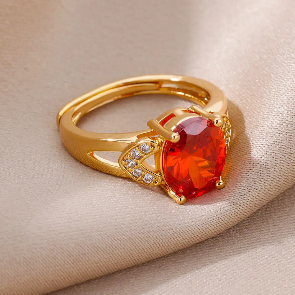 Solitaire Ring Red Oval Zircon Crystal Rings For Women Stainless Steel Gold Plated Couple Heart Vintage Wedding Jewelry anillos mujer 231117