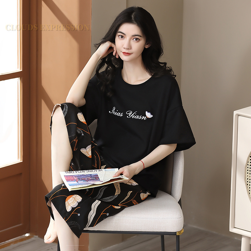 Women's Sleepwear Summer Elegant Women Floral Pajama Sets Short Sets Capris Knitted Cotton Sexy Black Sleepwear FemalePajamas Lounge Pijama Mujer