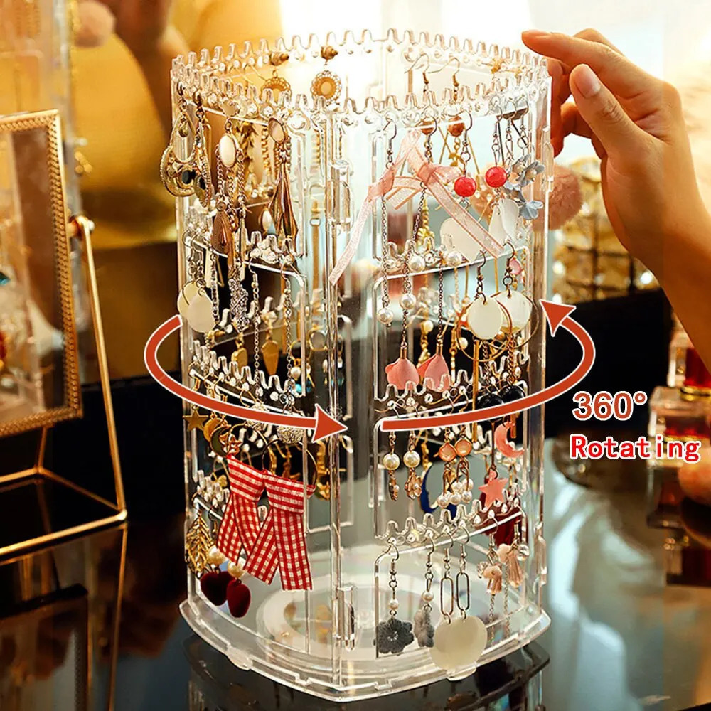 Jewelry Boxes 360 Degree Rotating Storage Box 2023 Earring Display Stand Plastic Organizer Holder Showcase Makeup Case 231117
