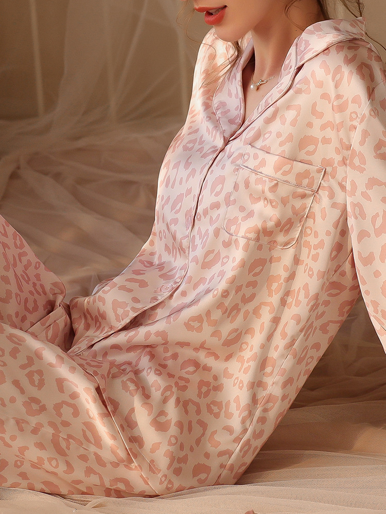 Women's Sleepwear Lisacmvpnel Leopard Print Pajamas Women's Ice Silk Suit Summer Thin Long Sleeved Trousers Can Be Worn Outside Sleepwear 23