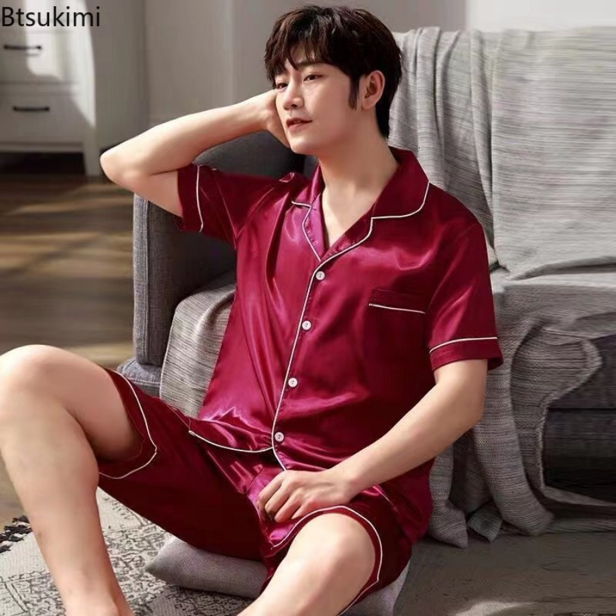Men's Sleepwear Summer Men Pajama Sets Silk Satin Pijama Turn-down Collar Sleepwear Short Sleeve Nightwear Male 2 Pieces Sets Homewear 5XL 230418