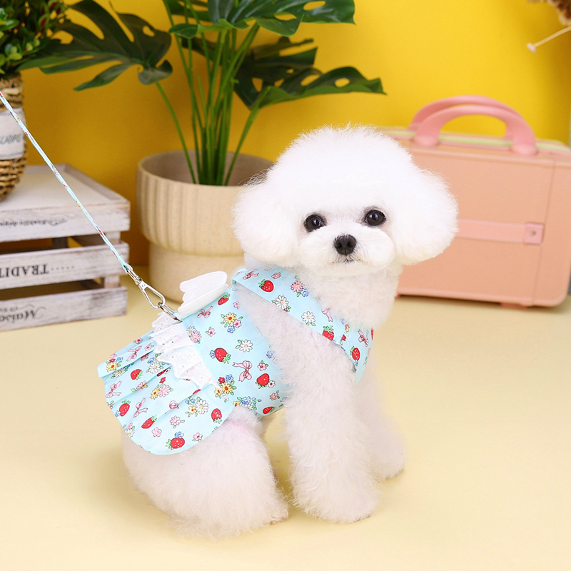 Small Apparel No Pull Dog Harness Dress Leash Set Puppy Girls Vest Harnesses Angel Wing Cute wers Strawberry Printed Princess Dresses with D Ring S A6