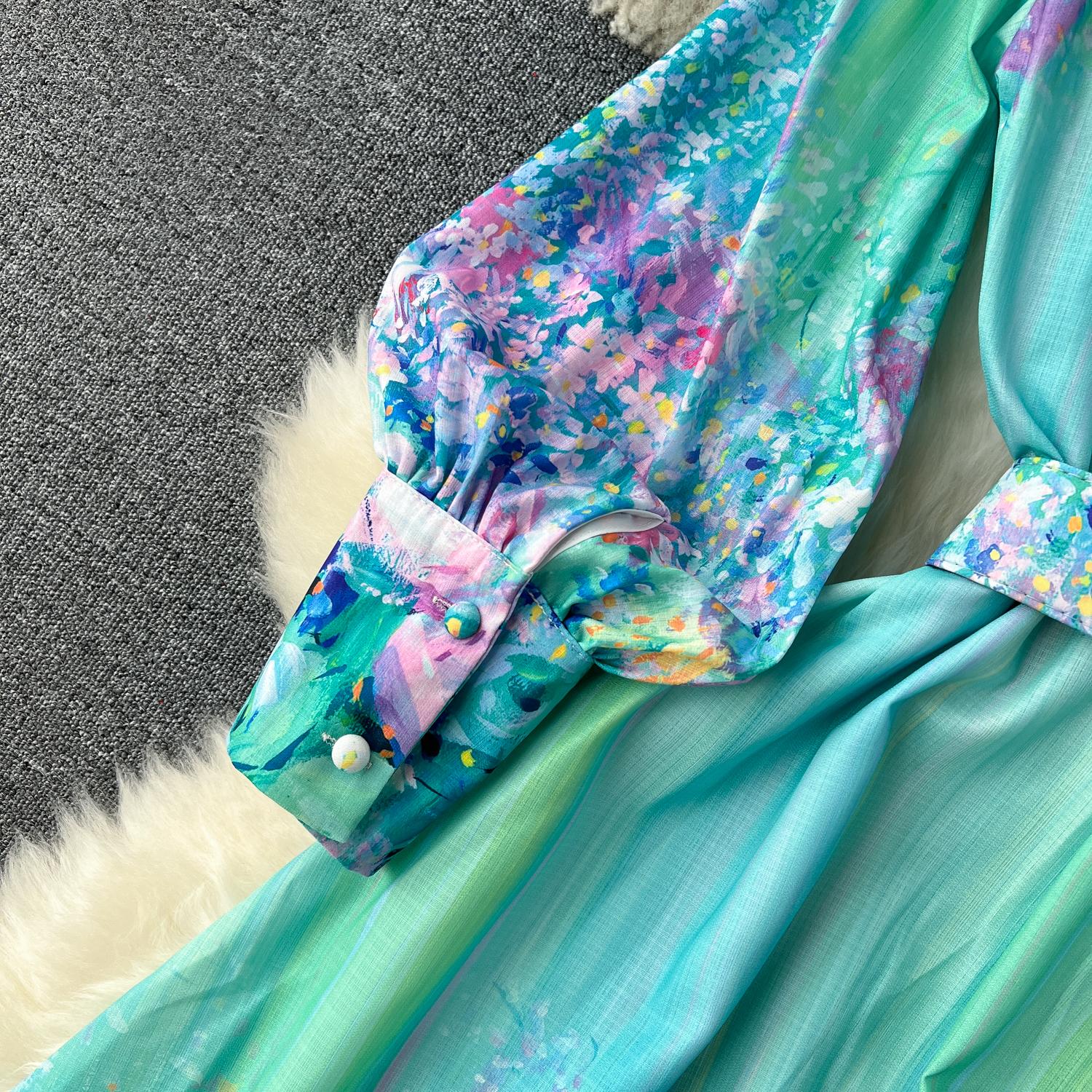 Casual Dresses New Fashion Holiday Flower Maxi Dress Women's Stand Collar Lantern Sleeve Floral Printed Belt Ruffles Boho Robe Vestidos 2024