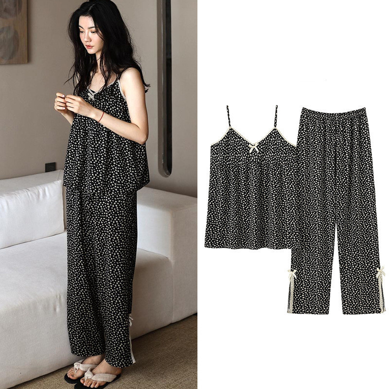 Women's Sleepwear Fdfklak Sexy Sleepwear Set Women's Summer Pajamas Thin Suspenders V Neck Shirt Pant Suit Small Floral Modal Home Clothes M