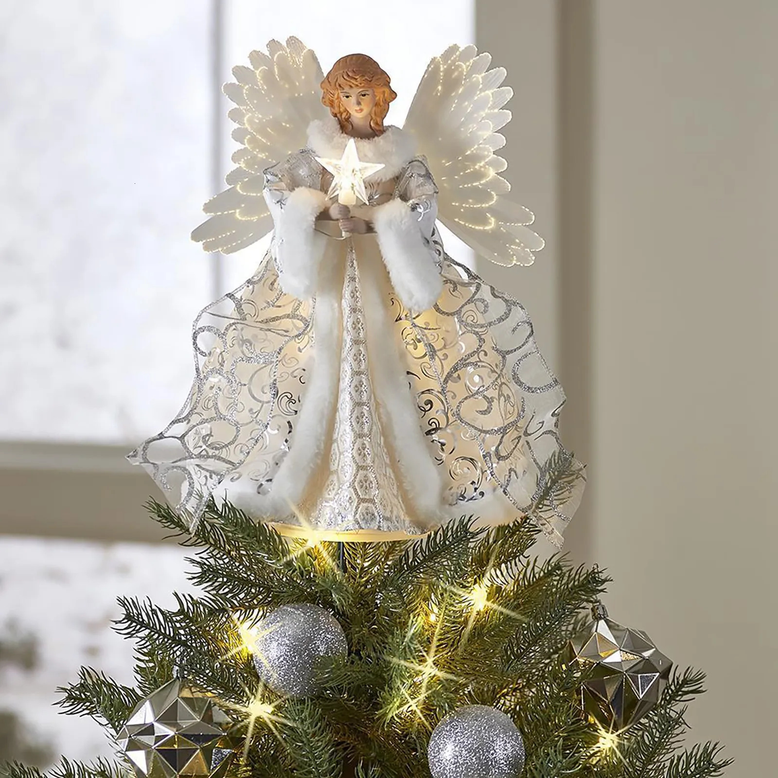 Christmas Decorations Christmas Tree Toppers LED Glowing Angel Ornament Xmas Festive Party Supplies Home Decoration Year Navidad Noel 231117