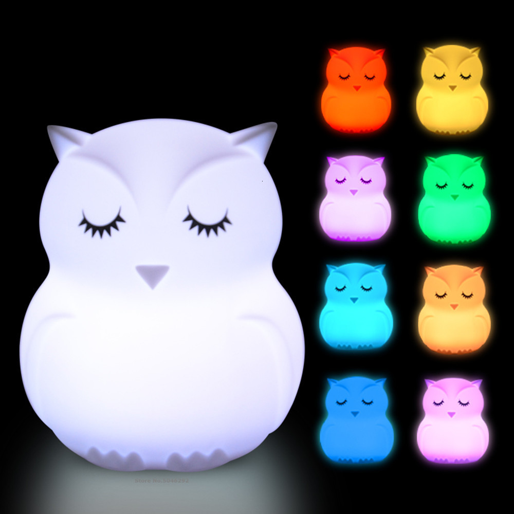 Lamps Shades Owl LED Night Light Touch Sensor Remote Control 9 Colors Dimmable Timer Rechargeable Silicone Night Lamp for Children Baby Gift 230418