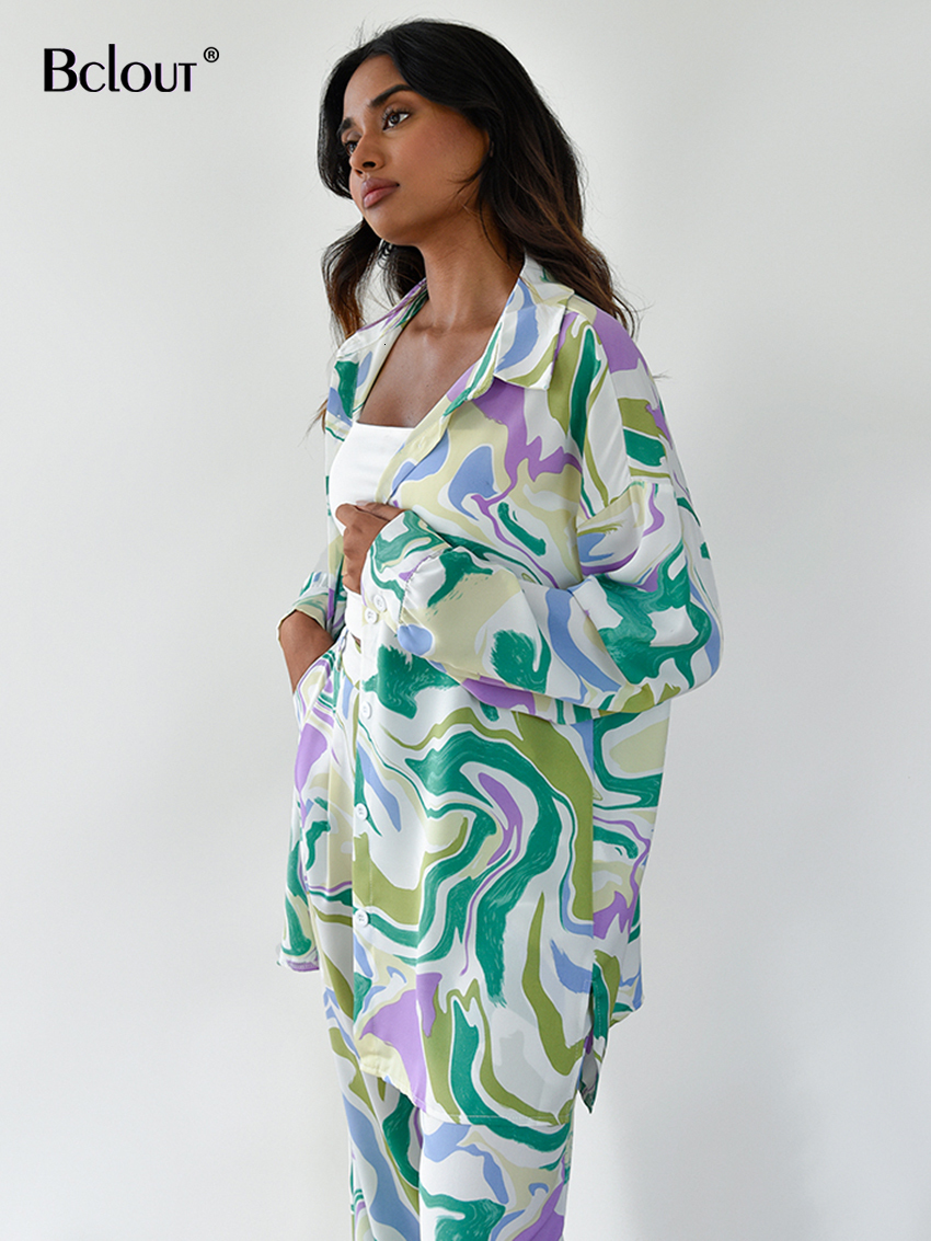 Women's Two Piece Pants Bclout Summer Print Pants Set 2 Pieces Womens Outfits Elegant Long Sleeve Shirts Fashion High Waist Long Pants Suits Fema