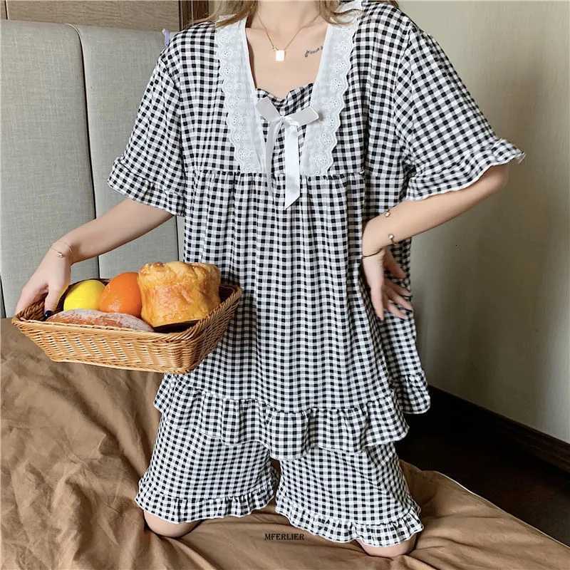 Women's Sleepwear Large Size 5XL 150kg Summer Sleepwear Suit Plaid Print Women Pajamas Sets Short Sleeve Top and Shorts Female Sweet Sleepwear Se