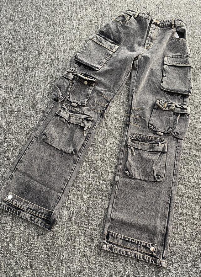 Women's Jeans GetSpring Women Denim Pants Autumn Winter Multi pocket Wide Leg Jeans Fashion Loose Leisure Long Denim Trousers Arrvial 230417