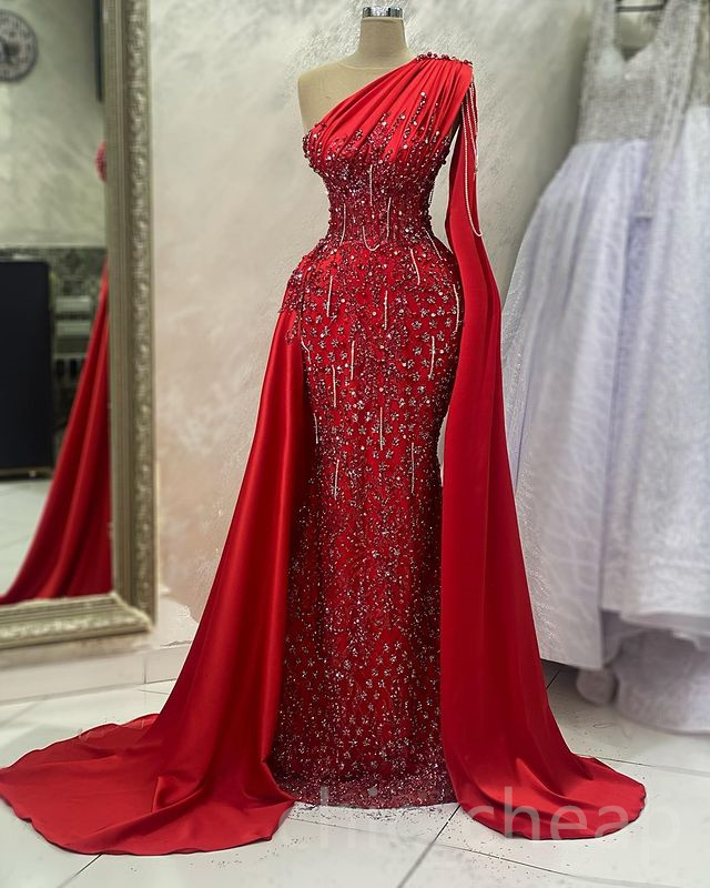 April Aso Ebi Red Prom Dress Mermaid Beaded Crystals Evening Formal Party Second Reception Birthday Engagement Gowns Dresses Robe De Soiree ZJ es