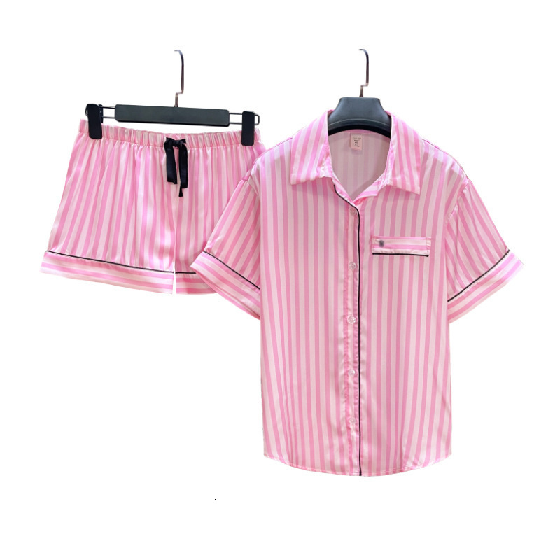 Summer Pajamas for Women Satin Silk Stripes Sleepwear Pyjamas Short Pink Loungewear Pjamas Ladies Home Suit Homewear Woman 220708
