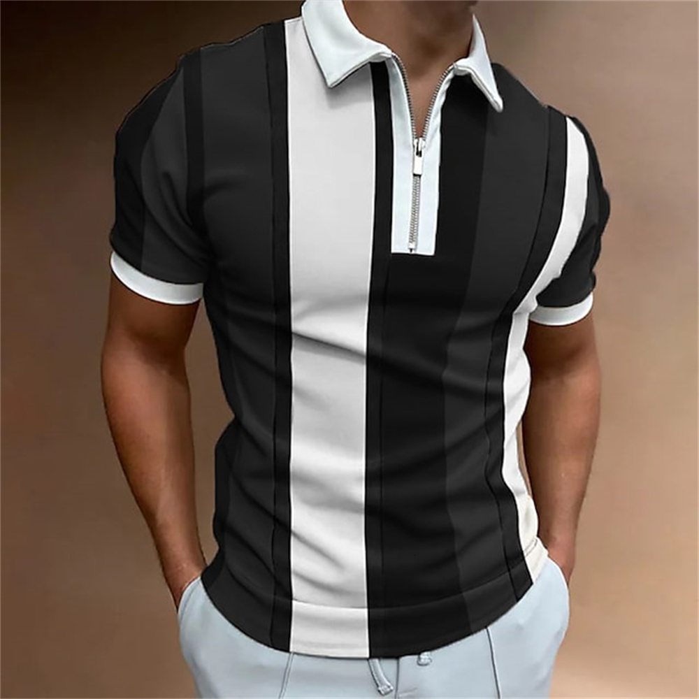 Men's Polos Polo Shirt for Men Summer Men's Tops Daily Short Sleeve Striped Golf Plain Clothing Men Shirts Turn-down Collar Zippers Tee 2304