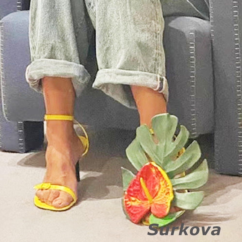 Sandals Shaped Heel Leaf Decorative High Heels Casual Slip-Toe Back Strap New Roman Women's Shoe Daily Leisure Summer 230418