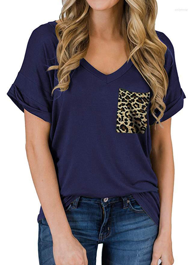 Women's T Shirts For Women Tops Summer V-neck Pocket T-shirt Curled Loose Leopard Print Solid Color All-match Urban Street Home
