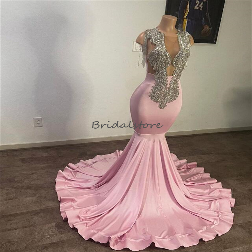 Black Girls Mermaid Pink Prom Dress With Beaded Sexy Backless Elegant Evening Formal Dresses Open Back Aso Ebi Occasion Party Wear 2023 African Engage