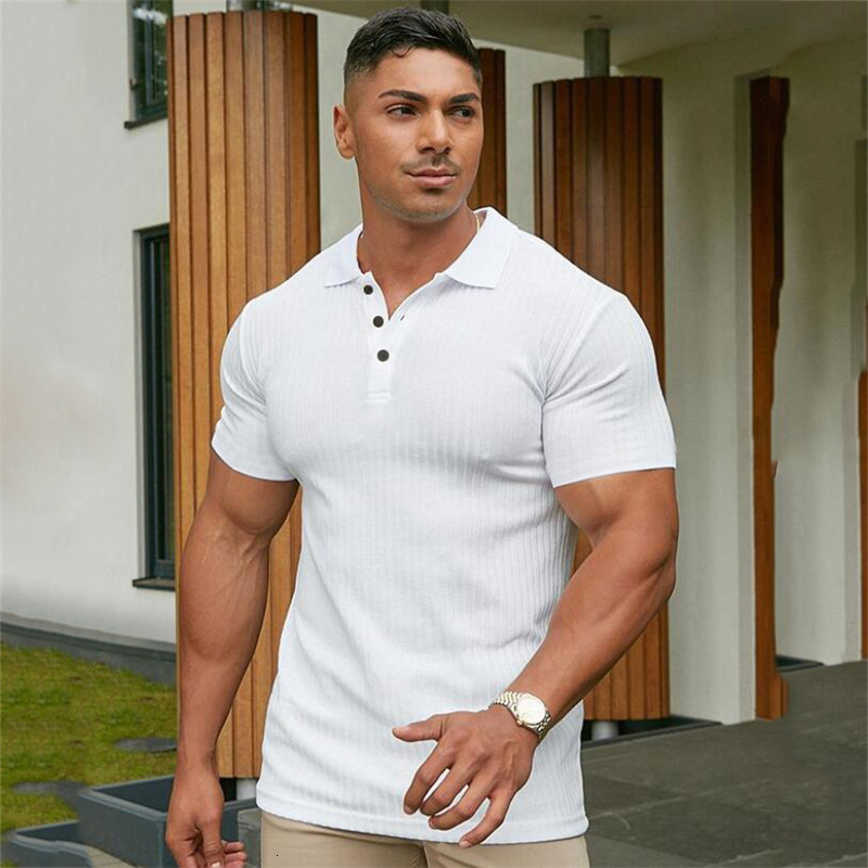 Men's Polos Gym Polo Shirt Men Fashion Turn Neck Short Sleeve Knitted Polos Sports Slim Fit Fitness Bodybuilding Workout Summer Clothing 230418