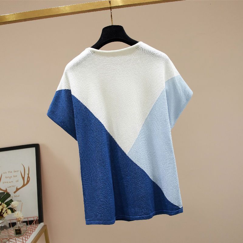 Women's T-Shirt Spring Summer Ice Floss Contrast Color Pullover Women's Top Korean Crew Neck Loose Short Sleeve Plus Size Knitted T-Shirt Tr