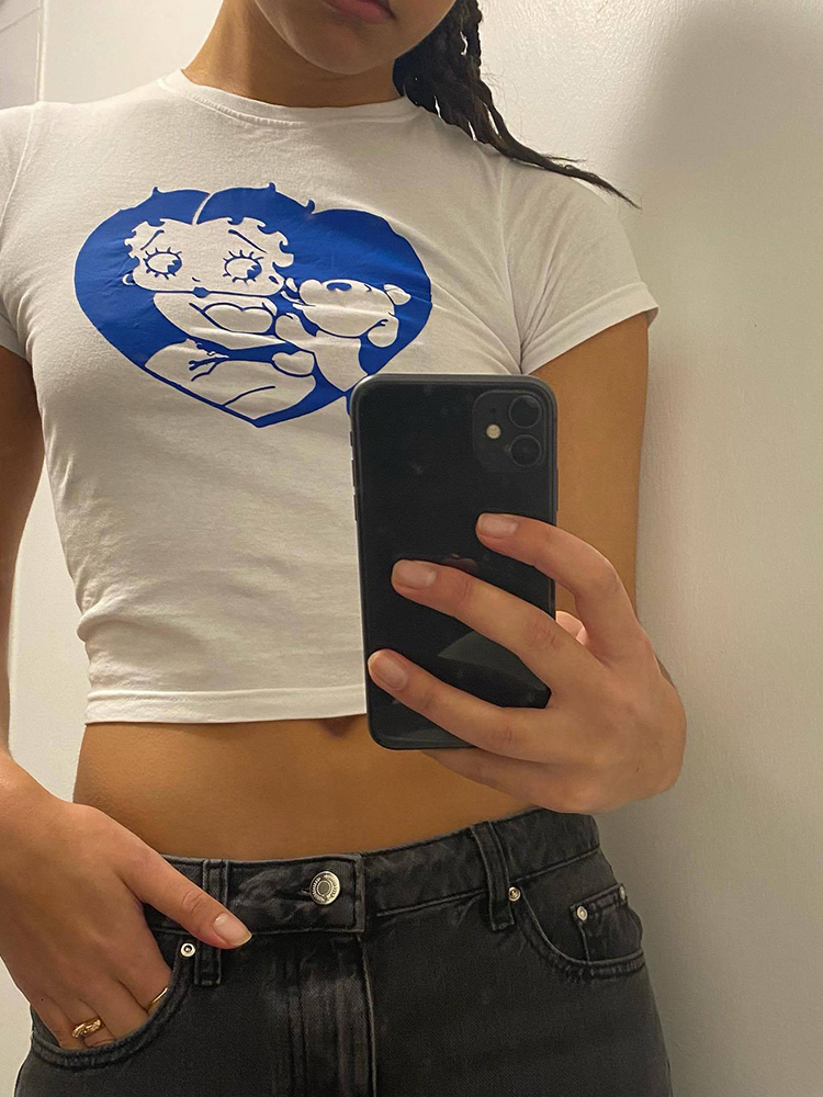 Women's T-Shirt Womens Kalevest Y2K Tops Cyber Graphic Crop Top White Vintage Women Short Slve Gyaru Ts 2000s Clothes Female T-Shirts 230418 H252