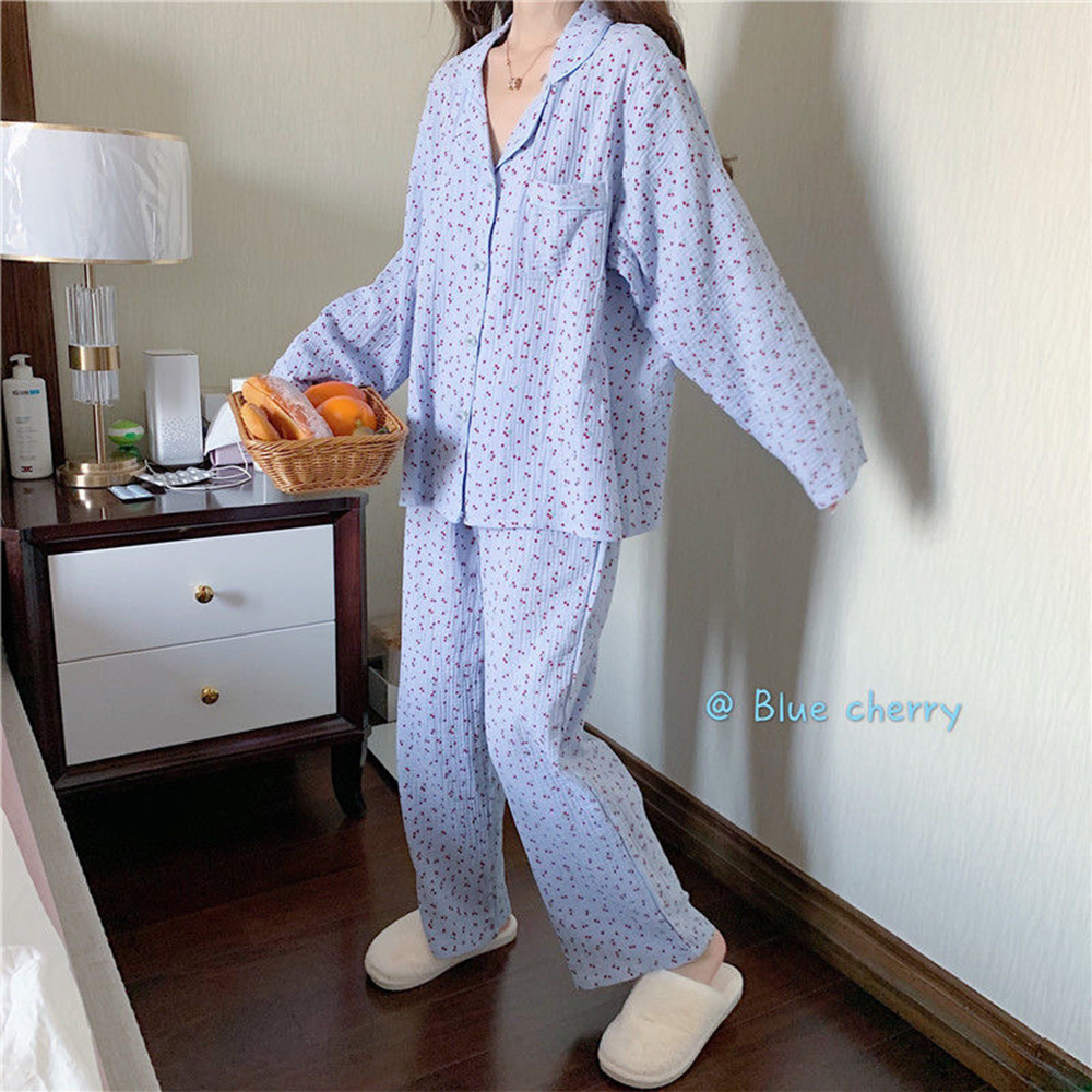 Women's Sleepwear linen 100%cotton Pajama Sets Women Cute Cherry print Spring Long Sleeve Sleepwear Loose Sweet Girl Students Length Pants Lounge