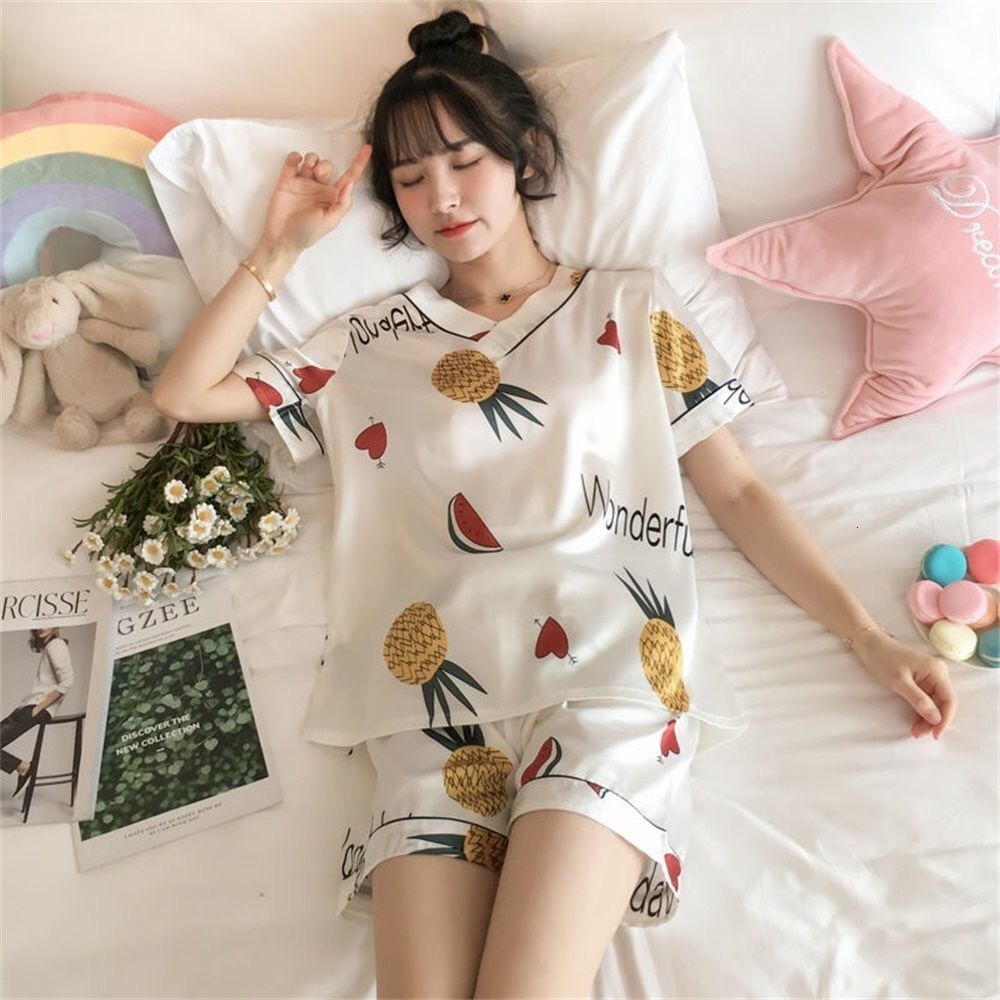 Women's Sleepwear Pajamas Women Summer Thin Ice Silk Short-sleeved Two-piece Suit Net Red Cartoon Ladies Home Service Pajamas 230418