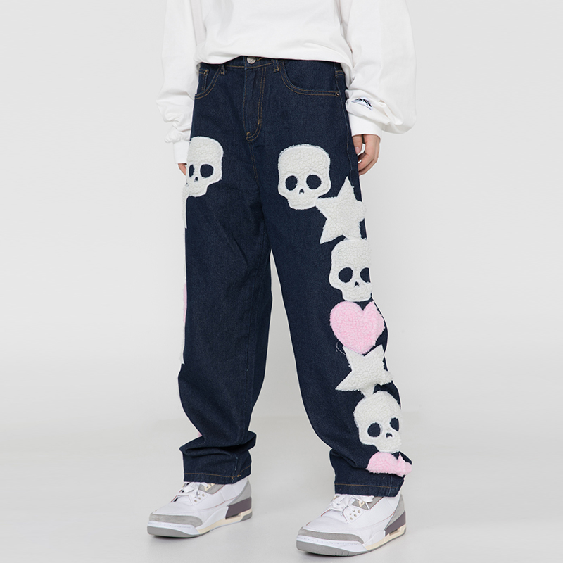 Men's Jeans Skull and Five Stars Towel Embroidery Ripped Jeans Mens Pants Harajuku Vibe Style Streetwear Oversize Casual Denim Trousers 230418