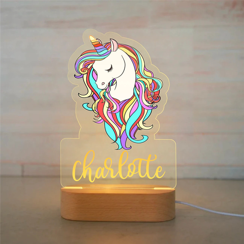 Lamps Shades Personalized Rainbow Unicorn LED USB 7 Colors Night Light Custom Name Acrylic Lamp Wood Base For Baby Kid Children Bedroom Decor 230418